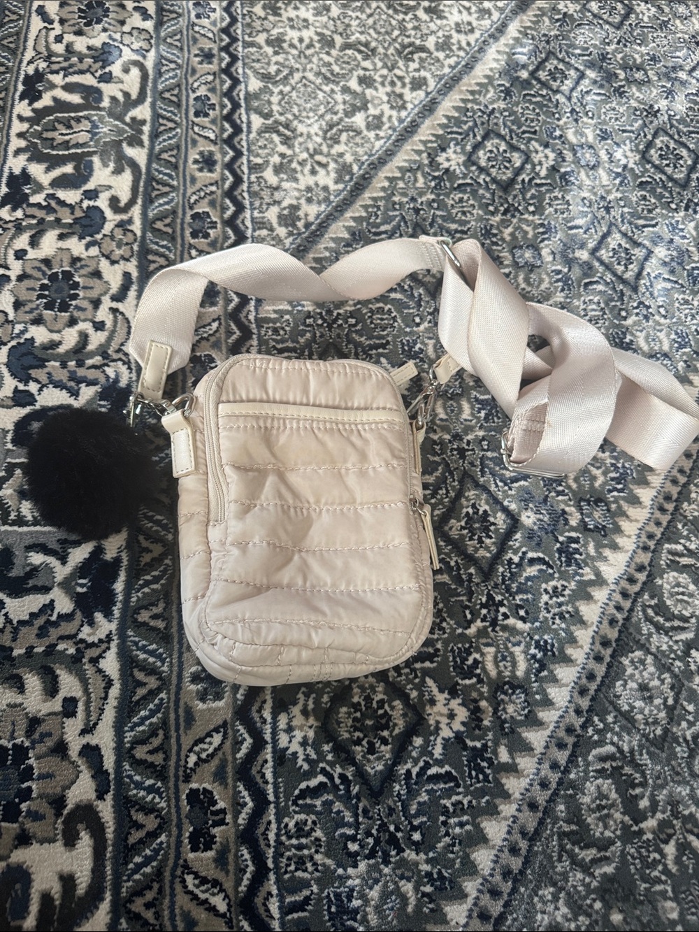 Beige Quilted Crossbody Bag with Pom Pom